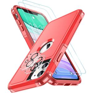SPIDERCASE Shockproof for iPhone 11 Case,[10 FT Military Grade Drop Protection],with 2 pcs[Tempered Glass Screen Protector+Camera Lens Protector] Heavy Duty Full-Body Protective Phone Case,Red