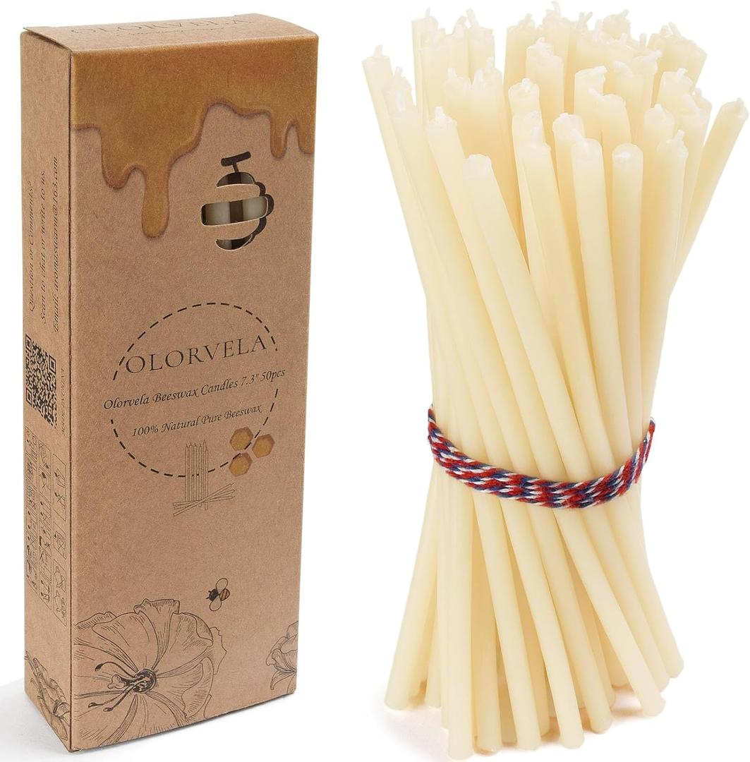 Pure Beeswax Candles, 6.3" Decorative Thin Taper Candles,Honey Scented, Dripless, Smokeless, 30min Burn Time for Birthday, Dinner, Prayer, Church, Hanukkah, Christmas (White, 50 pcs)