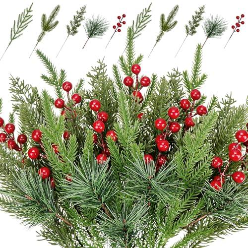 Christmas Pine Branches Holly Berries Sprays Fake Norfolk Pine Stems Cedar Leaves Artificial Red Berry Greenery Picks for Xmas Tree, Vase Fillers, Winter DIY Wreath Garland Christmas Decor (A)