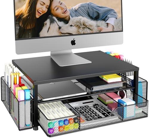 OPNICE Desk Organizer and Accessories, 2-Tier Computer Monitor Stand Riser with Drawer and 2 Pen Holders, Laptop Stand, Office Desk Accessories for Office Supplies, Black