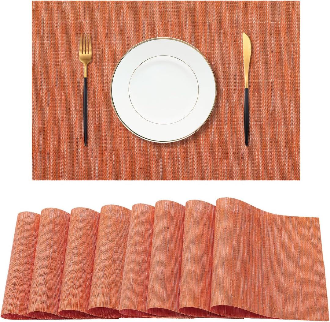 Leetaltree Orange Placemats Set of 8 - Heat Resistant Non-Slip Place mats for Dining Table, Washable Durable PVC Vinyl Woven Table MatsOrange, 8