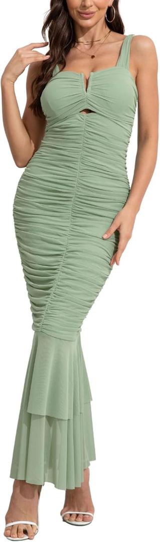 chouyatou Women's Stretchy Ruched Bodycon Cocktail Party Dress Maxi Mermaid Corset Dress Evening Gown (Large, Sage Green)
