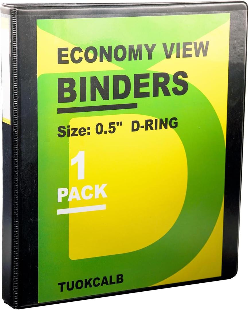 Black D-Ring 3-Ring Binders, 0.5 Inch 1 Pack, 3.4mm Thick Cover, Writable Spine on The Side, Hold 150 Sheets of 8.5" x 11" Paper.