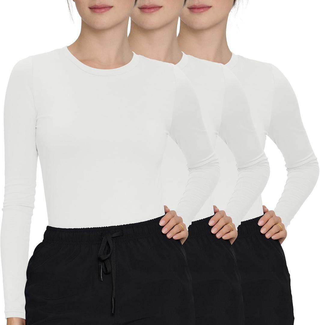 3 Pack Scrub Undershirts Long Sleeve Women, Comfortable Underscrub for Nurse High Crew Neck M