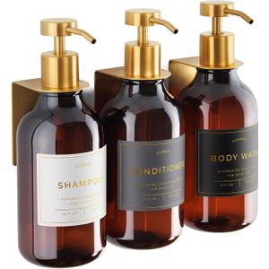 Shower Shampoo Dispenser Wall Mounted 3 Refillable 16.9 oz Amber Bottles with Stainless Steel Pumps & No-Drill Adhesive Holders Soap Dispenser Set for Bathroom (3 X Amber/Gold)