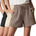 Neer 3 Pack Women's Linen Bermuda Shorts Summer Wide Leg Cotton Casual High Waist Drawstring Mid Length Shorts with Pockets, Black,Dark Khaki, Cream L