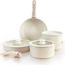 GOURMETIFIC Pots and Pans Cookware Set [11 PIECES] - Non Toxic Ceramic Coated Cooking Ware - Induction, Gas & Oven Kitchenware - Non Stick Pot & Pan with Removable Handles & Stackable (Cream)