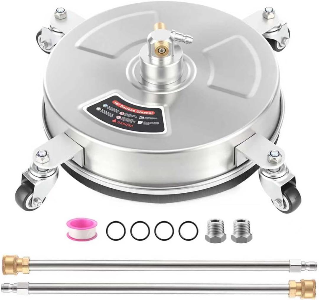 14" Pressure Washer Surface Cleaner with 4 Wheels - Stainless Steel Surface Cleaner for Pressure Washer Attachment for Concrete, Patio, Sidewalk, Deck and Driveways