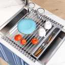 JASIWAY Over The Sink Dish Drying Rack for Kitchen, Expandable (12.8"-23.8" D x 15.5" W) Roll Up Dish Drainer with The Function of Fordable, Rust Proof, Large Sink Cover with Removable Utensil Holder (Gray)