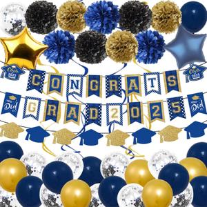 Blue Gold Graduation Decorations 2025 - Congrats Grad Banners, Paper Pompoms, Star Foil Balloons and Hanging Swirls for 2025 Graduation Party Decoration Supplies