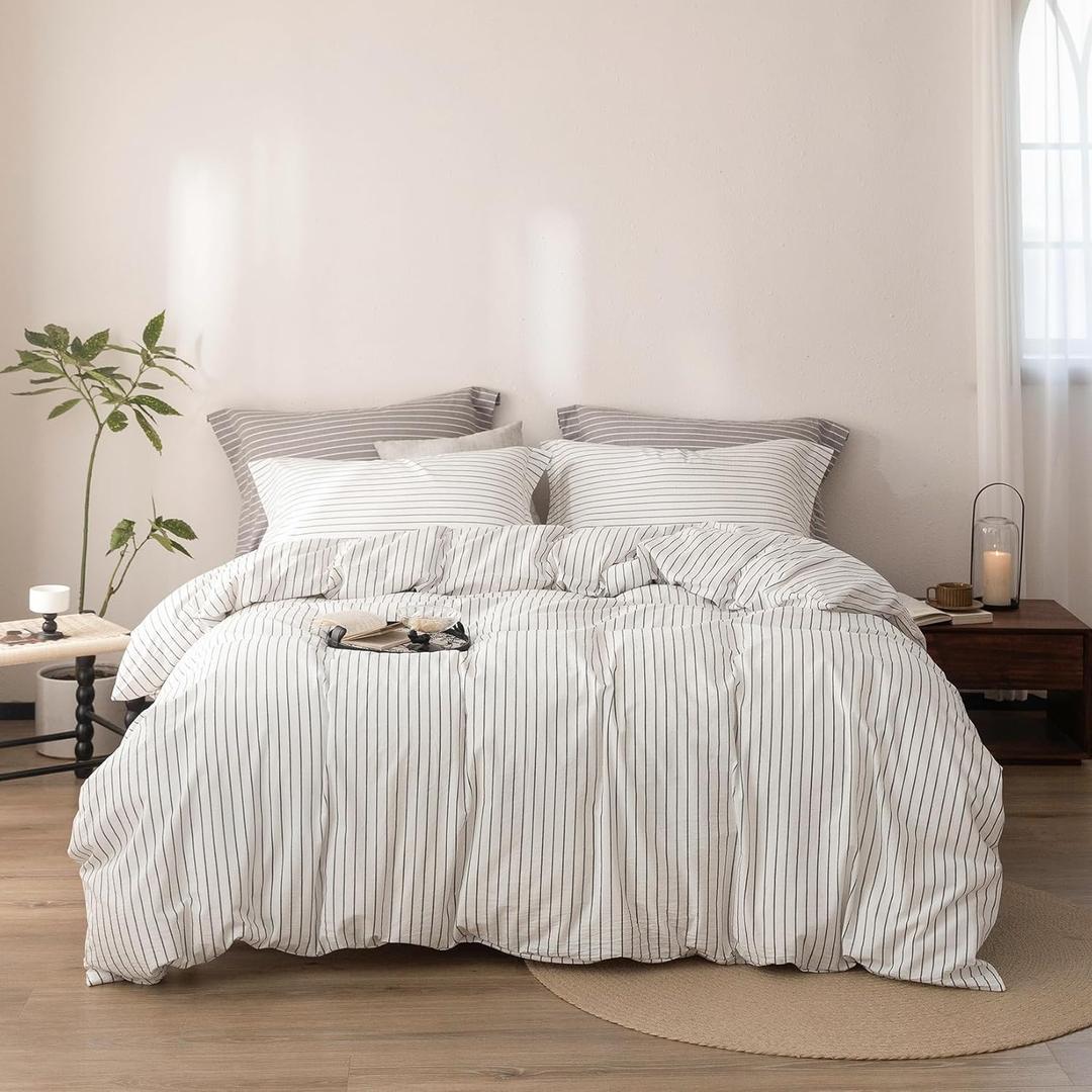 Stripe Duvet Cover Queen Size 90inch x 90inch, 100% Washed Cotton Linen Feel Pinstripe Duvet Cover with Zipper Closure and 2 Pillowcases, Color of White-Dark Grey Stripe