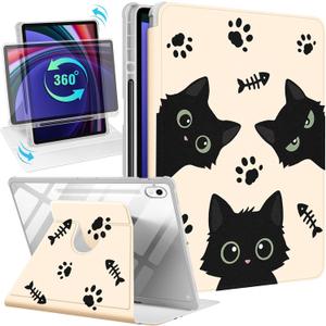 for Samsung Galaxy Tab S9/S9 FE/S10/S10 FE/S10 Lite Case 10.9 inch - 360 Degree Rotating Stand Folio Smart Cover with Pencil Holder for Women Girls, Black Cats for Samsung Tablet S9 11 inch