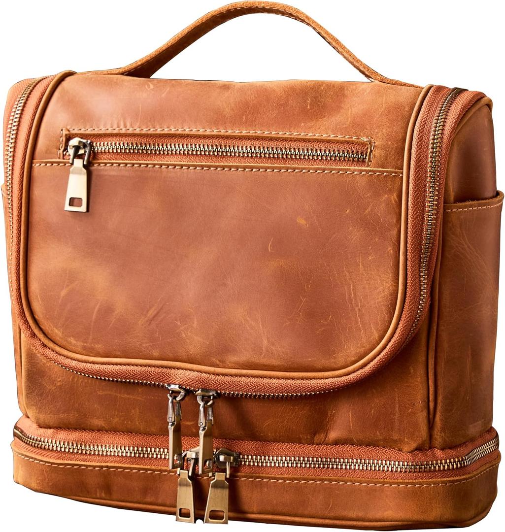 EURYNOME Travel Toiletry Bag For Men, Genuine Leather Shaving Dopp Kit Bottom Storage Holds More (11x8.6x4.7)-Mens Toiletry Bag -Leather Makeup Cosmetic Organizer Kit - Men Travel Toiletries Bag