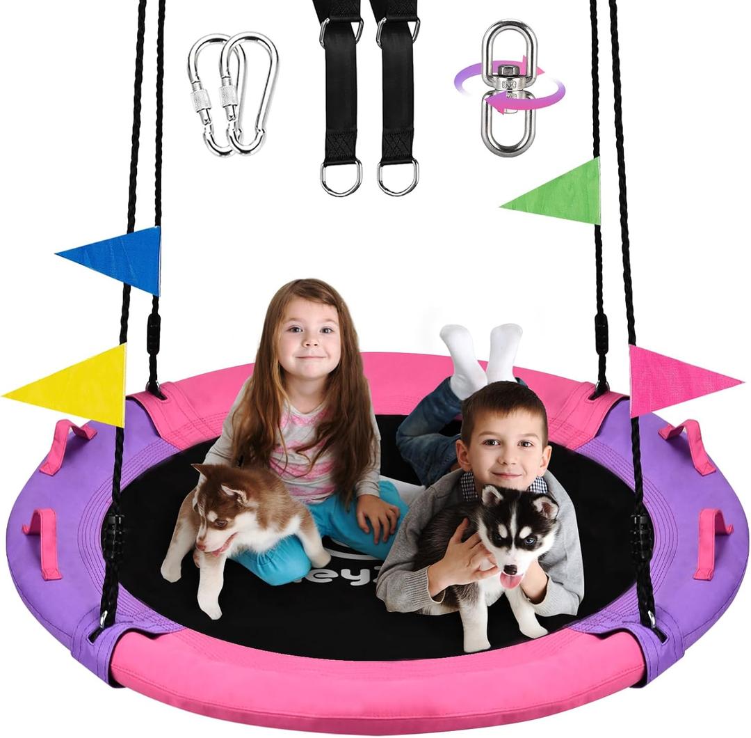 43 Inch Tree Swing, 900lbs Weight Capacity Saucer Swing Sets for Kids & Adults, with 360 Degree Swivel and Adjustable Hanging Strap, Pink and Purple