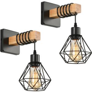 Rustic Wall Sconces Fixtures with Plug in Cord, Set of Two Indoor Vintage Rattan Wall Light Industrial Lamp Fixture Farmhouse Metal Sconces Light for Bedroom Bedside Living Room (2 Pack)