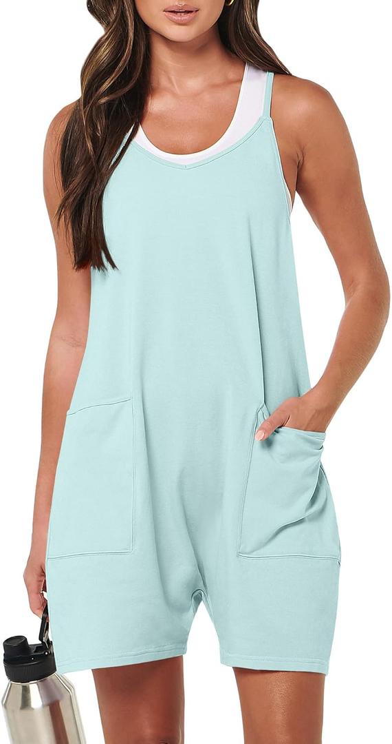 ANRABESS Womens Rompers Summer Casual Loose Sleeveless Overalls Spaghetti Strap Shorts Jumpsuit 2025 Beach Vacation Outfits (Small, Mint Green)