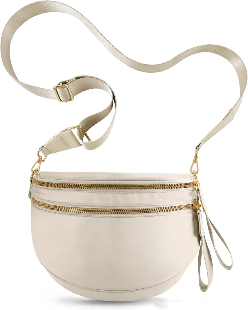 Checkered Crossbody Bags for Women, Large Nylon Bum Bags Plus Size Fanny Pack Sling Bag Belt Bag for Women Travel, Pure Beige