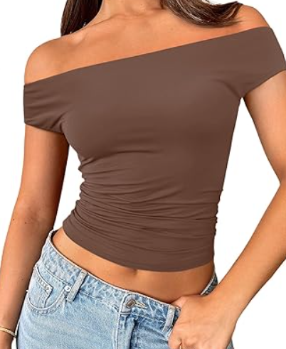 Trendy Queen Off The Shoulder Tops for Women Going Out Y2K Summer Cute Shirts Sexy 2025 Double Lined Spring Club Outfits Brown M