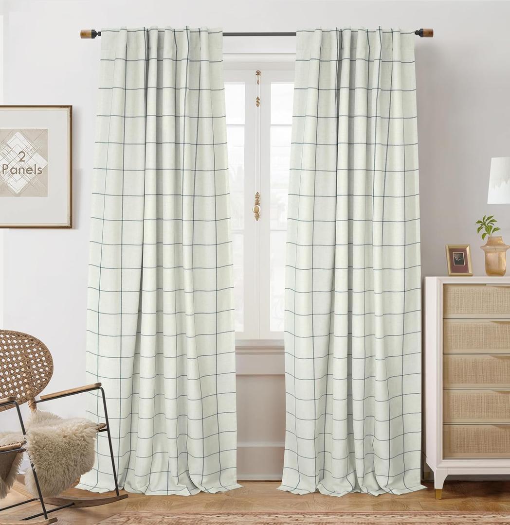 DriftAway 2 Panels 100% Blackout Windowpane Plaid Linen Curtains Double Layer Drapes for Bedroom 96 Inches Long Farmhouse Thermal Insulated 3.25 Inch Rod Pocket Back Tab for Living Room Navy Blue