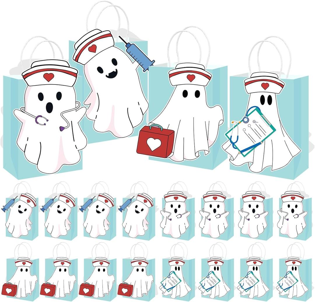 Eersida 16 Pack Nurse Paper Gift Bags with Handles 3D Cute Ghost Stickers Favors Goodie Candy Treat Bags for Party Supplies