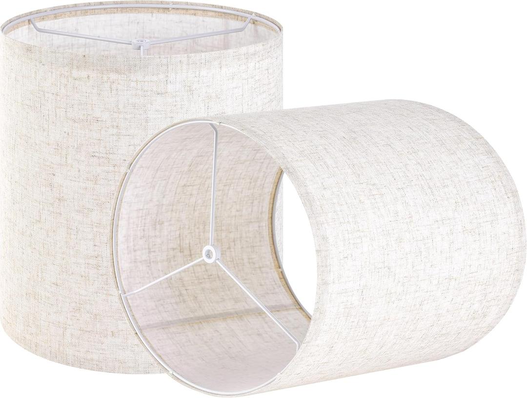 Set of 2 Tall Drum Lampshades for Table, Floor & Bedside Lamps - 9.8*9.8*10.8 inch, Medium Beige Gray Shades - Natural Fabric Spider Fitter - Modern & Rustic Interiors - By GO&SO Assembly Required (Oatmeal-Linen)