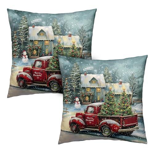 Kwlegh Red Truck Christmas Pillow Covers 18x18 Set of 2 Merry Christmas Pillow Case Xmas Tree Cabin Snowman Cushion Case for Winter Holiday Decorations Couch Bedroom