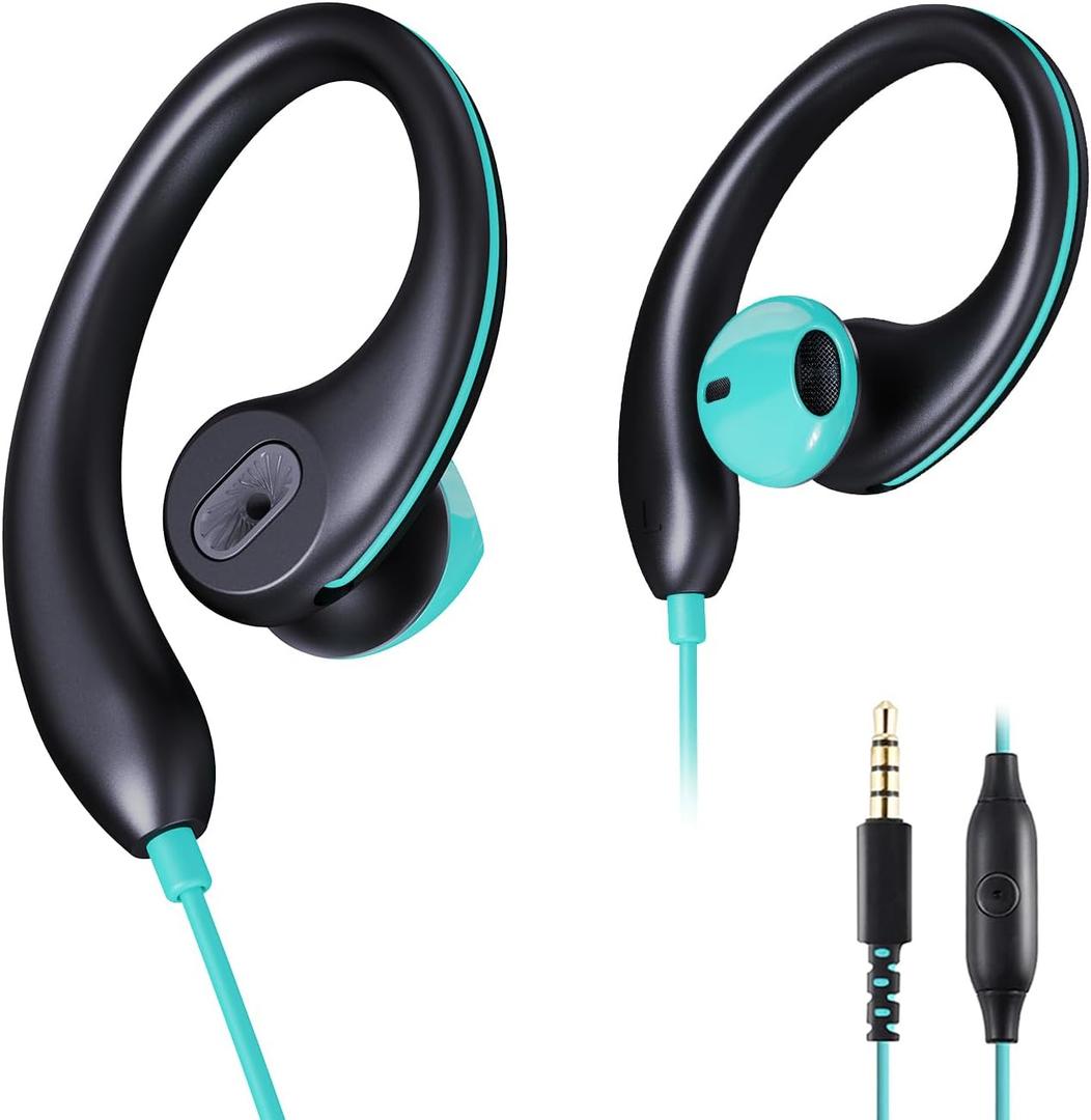 Upgrade Wired Sports Earbuds with Ear Hooks, Running Headphones Secure Fit Wrap Around Ear, Sweatproof In-Ear Earphones with Microphone, 3.5mm Jack for Smartphone Laptop Tablet MP3 Workout Jogging Gym