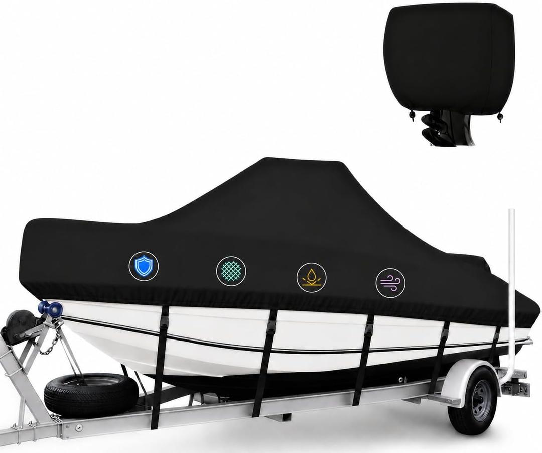 1400D Center Console Boat Cover 20-22 ft, Heavy Duty Waterproof Marine Canvas, Trailerable V-Hull Boat Cover with Outboard Motor Cover Bag, Straps, Black