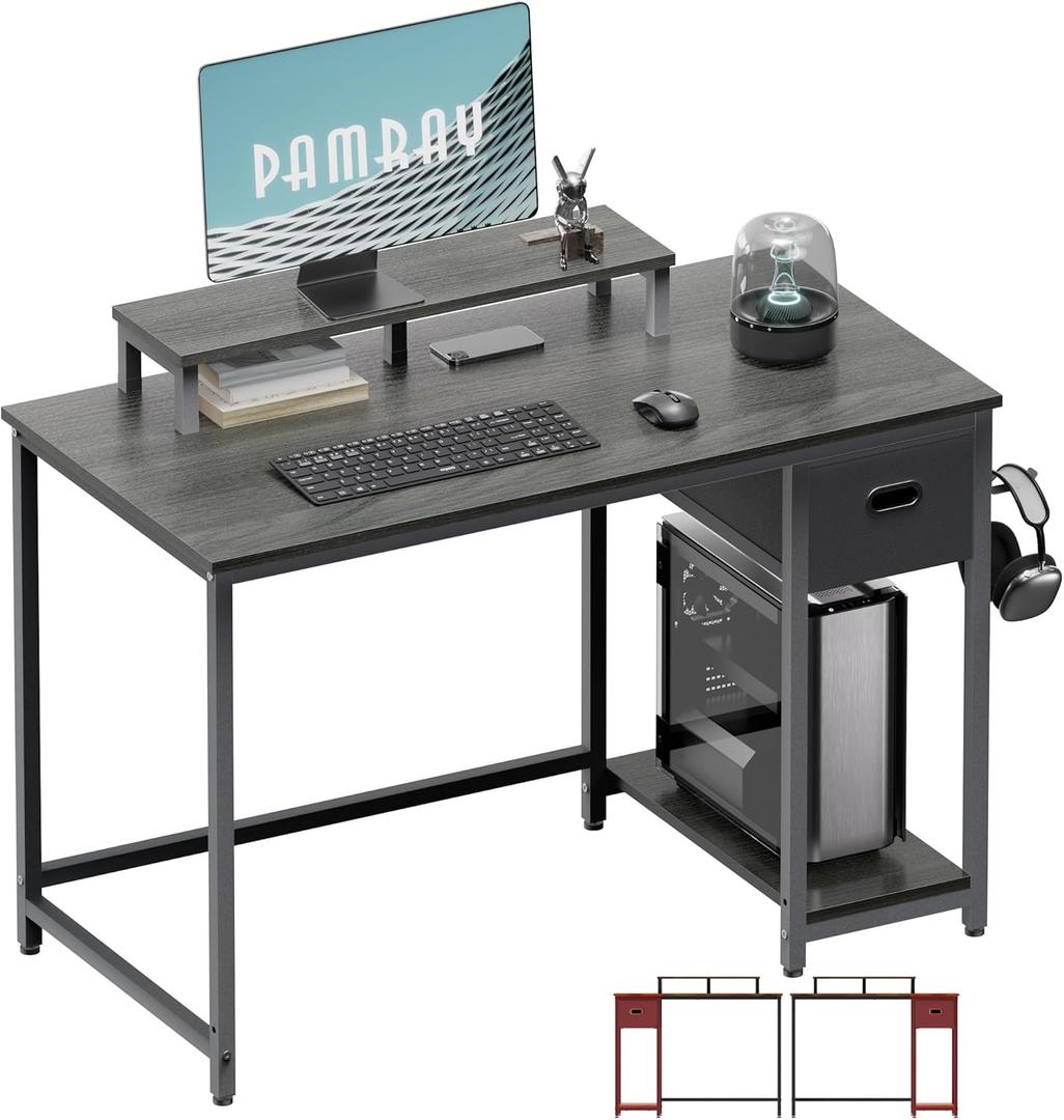Pamray 39 Inch Computer Desk with Monitor Stand Small Home Office Desks with Non-Woven Storage Drawer for Bedroom Study Table Writing and Work Desk Espresso Gray,Gray Leg