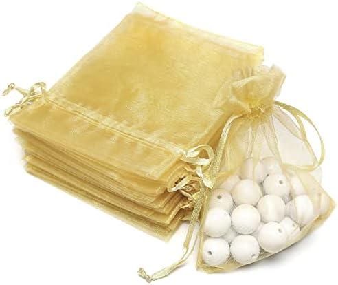 Akstore 50Pcs 3.15"x4"(8x10cm) Sheer Drawstring Organza Jewelry Pouches Wedding Party Christmas Favor Gift Bags (Golden, 3x4)