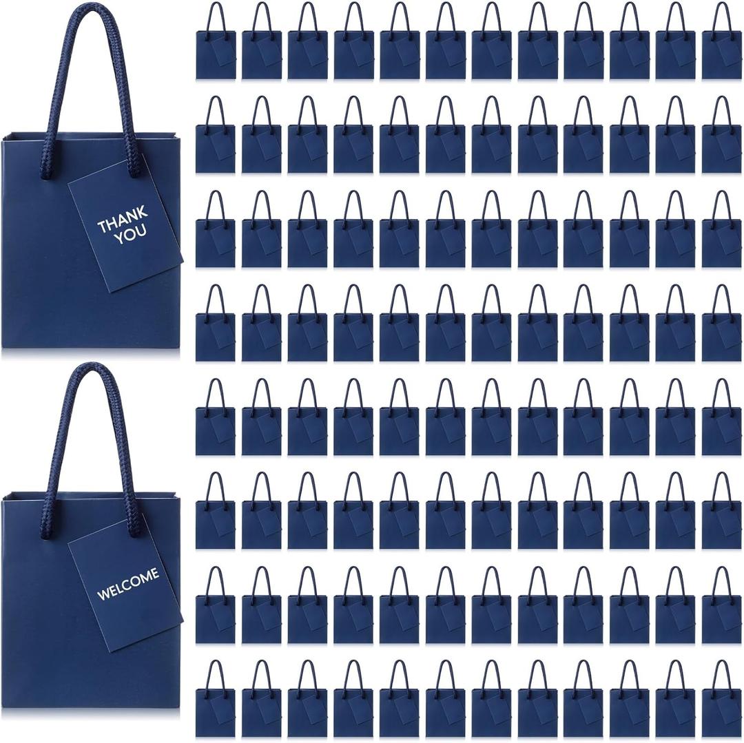 Sherr 100 Pcs Mini Gift Bags Bulk, 4 x 2.75 x 4.5 in Paper Bag with Tag, Extra Small Paper Gift Boxes with Handles for Birthday, Party Favor, Wedding, Small Business, Spring Easter(Navy Blue)