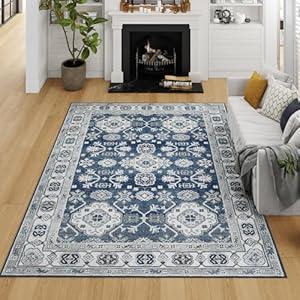 VK VK·LIVING Machine Washable Rug 8'x10' Vintage Design Washable Area Rugs with Non Slip Rugs for Living Room Bedroom Traditional Woven Rug Carpet Stain Resistant Home Decor Office Boho Rug (Navy)
