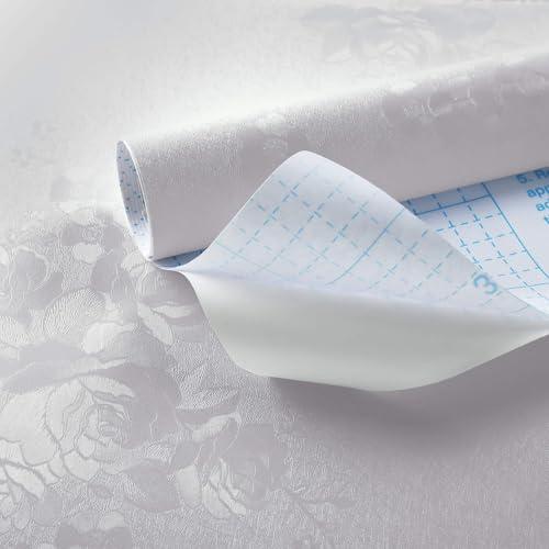 Dimoon 17.7''x236'' White Embossed  Floral Wall Paper Contact Paper Closeout Renter Friendly Modern Self Adhesive Damask Cabinet Vinyl Roll(236''x17.7'', White Floral Textured)