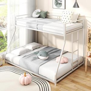 Twin Over Full Bunk Bed, Metal Low Profile Bunkbeds with Full-Length Guardrail and Ladder, Space Saving, No Boxing Spring Needed, White