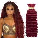 99J Burgundy Deep Wave Bulk Human Hair for Boho Braids, 3 Bundles/Pack 150g 16 Inch No Weft 12A Curly for Human Braiding Hair Extensions