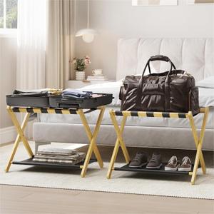 Smart FENDEE 2 Pack Luggage Rack, Folding Luggage Rack for Guest Room, Bamboo Suitcase Stand Holds up to 131 lb, Luggage Stand with Storage Shelf for Hotel, Bedroom