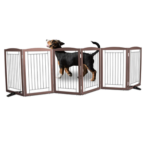 ZJSF Freestanding Dog Fence Indoor, Foldable Dog Gate for Doorways, Stairs or Hallways, Sturdy Wood Extra Wide Pet Gate with Support Feet for The House, Brown, 32 "Height-6 Panels
