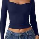 QINSEN Womens Slimming Fit Sweetheart Neck Long Sleeve Basic Crop Tops Stretch Going Out Tee Shirt Navy M