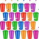 Zubebe 24 Pcs Neon Straws Cups 12 oz Colorful Neon Cups with Sipper and Lids Plastic Favor Reusable Straw for Birthday Party Events Supplies, 6 Colors