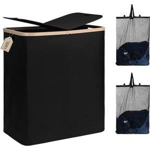 DOKEHOM 160L Double Laundry Basket with Removable Lid and Laundry Bags, Large Collapsible Laundry Hamper with 2 Sections (Black)