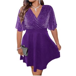 Floerns Women's Plus Size Glitter Wrap V Neck Short Sleeve Party A Line Dress