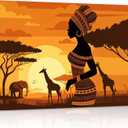 African Women Canvas Print Wall Art - Africa Ethnic Elephant Giraffe Animals Sunset - Wall Decor Modern Artwork Paintings Pictures for Living Room Stretched and Framed Ready to Hang - 16" x 24"