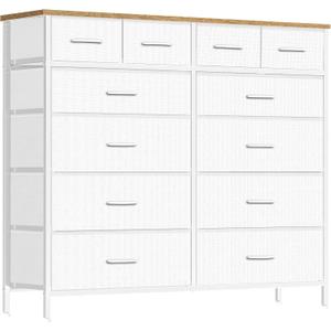 Compact 12 Drawers Dresser for Bedroom, Fabric Storage Tower, Chest of Drawers with Retro Wood Top for Closet, Nursery, Living Room (Classic White)
