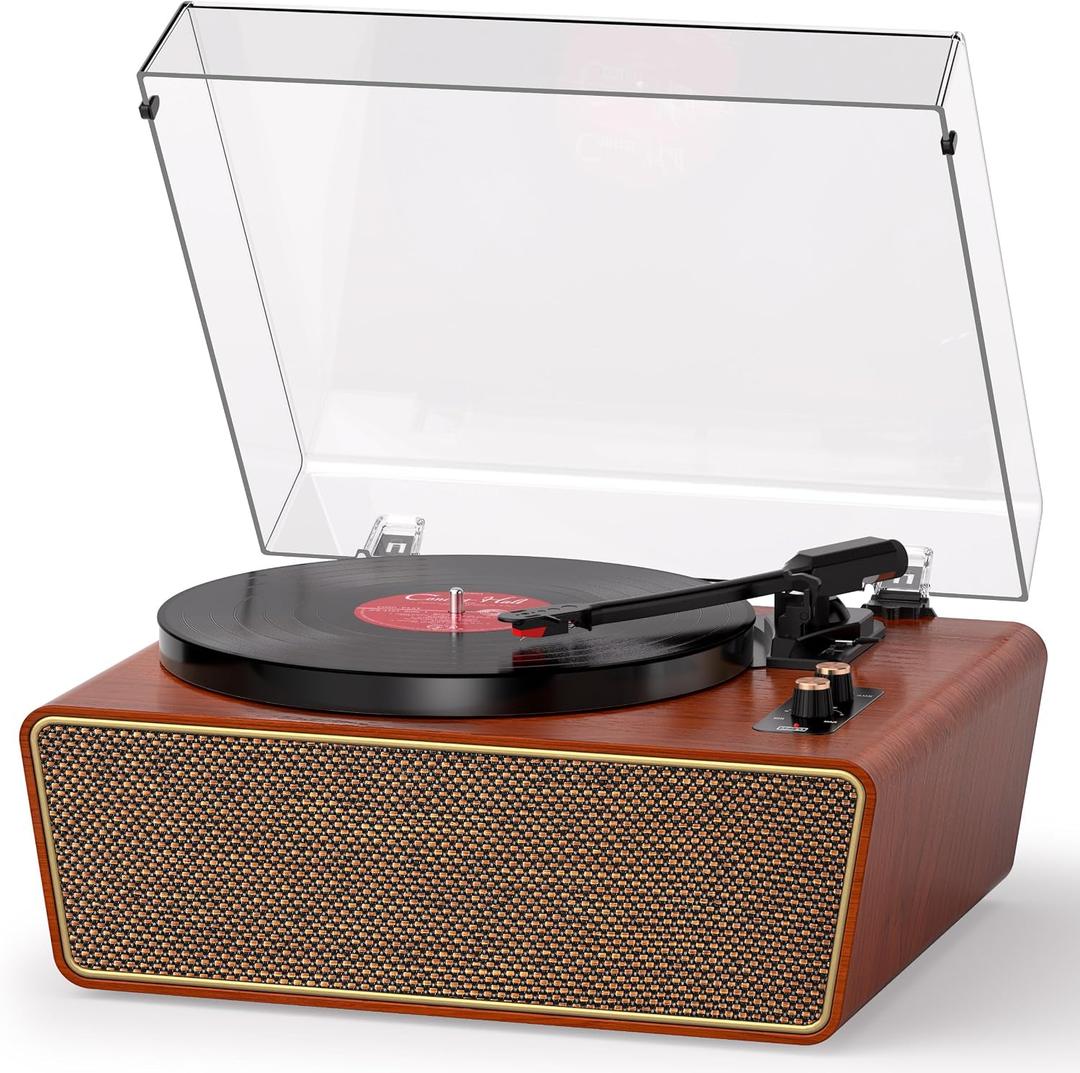 All-in-One Bluetooth Record Player with 4 Built-in Speakers, 3-Speed Belt-Drive Turntable (33/45/78 RPM), RCA Out, Headphone Jack, PC Recording, Auto Stop, Mahogany Wood