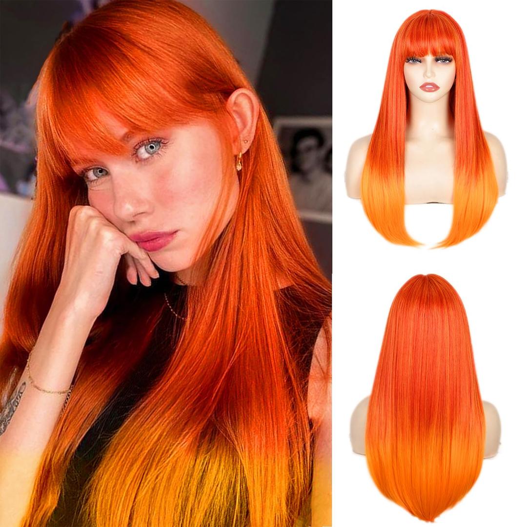 ENTRANCED STYLES Copper Red Straight Wig with Bangs Long Giner Wigs for Women 22inch Synthetic Cosplay Party Wig Wear (Orange Ombre)