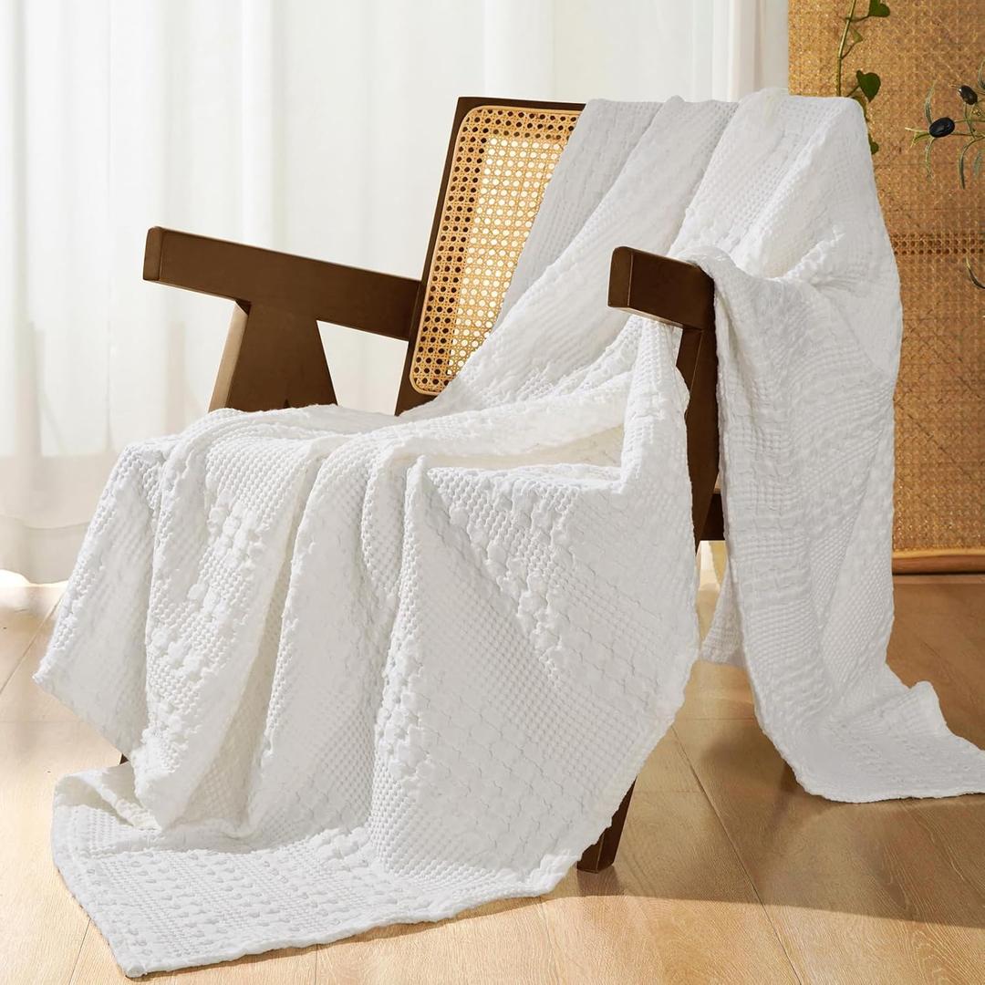 100% Cotton Waffle Weave Throw Blanket, Soft Lightweight Breathable Cozy Throws for Couch Bed Sofa, Luxury Aesthetic Blanket Gift for Home Decor & Office, 50"x60", White