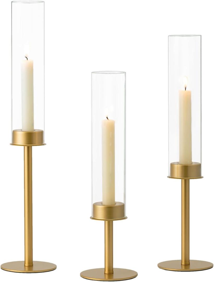 Hewory Gold Candle Holders Hurricane Candlestick Holders, 3Pcs Brass Candle Stick Candle Holder Candelabra, Taper Candle Holders with Glass Candle Cover for Wedding Table Centerpiece Christmas Decor