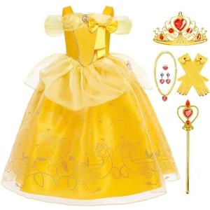 Luzlen Princess Costume for Girls Kids Belle Dress Halloween Cosplay Party Outfit Toddler Princess Dress Up, 100 CM