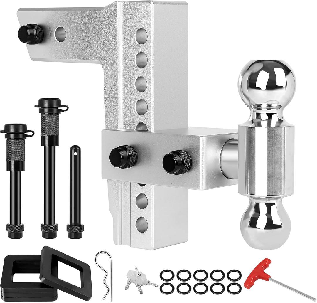 YIZBAP Adjustable Trailer Hitch, Towing Ball Mount, Fits 2.5-Inch Receiver, 8-Inch Drop/Rise Aluminum Drop Hitch, 18500LBS, 2-Inch and 2-5/16-Inch Balls Equipped with 2 latches with Locks