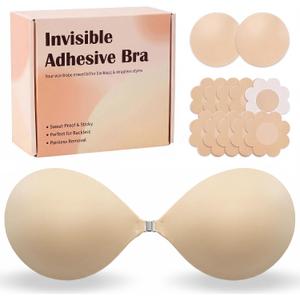 3 x Sticky Push Up Bra Invisible Adhesive Strapless Bra for Backless Dress (Beige)